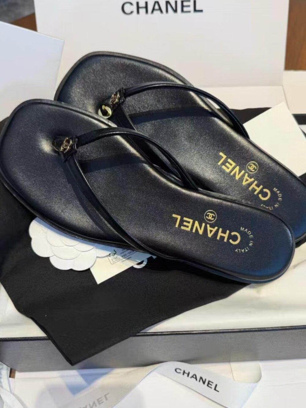 Chanel Black Square‑Toe Leather Thong Sandals